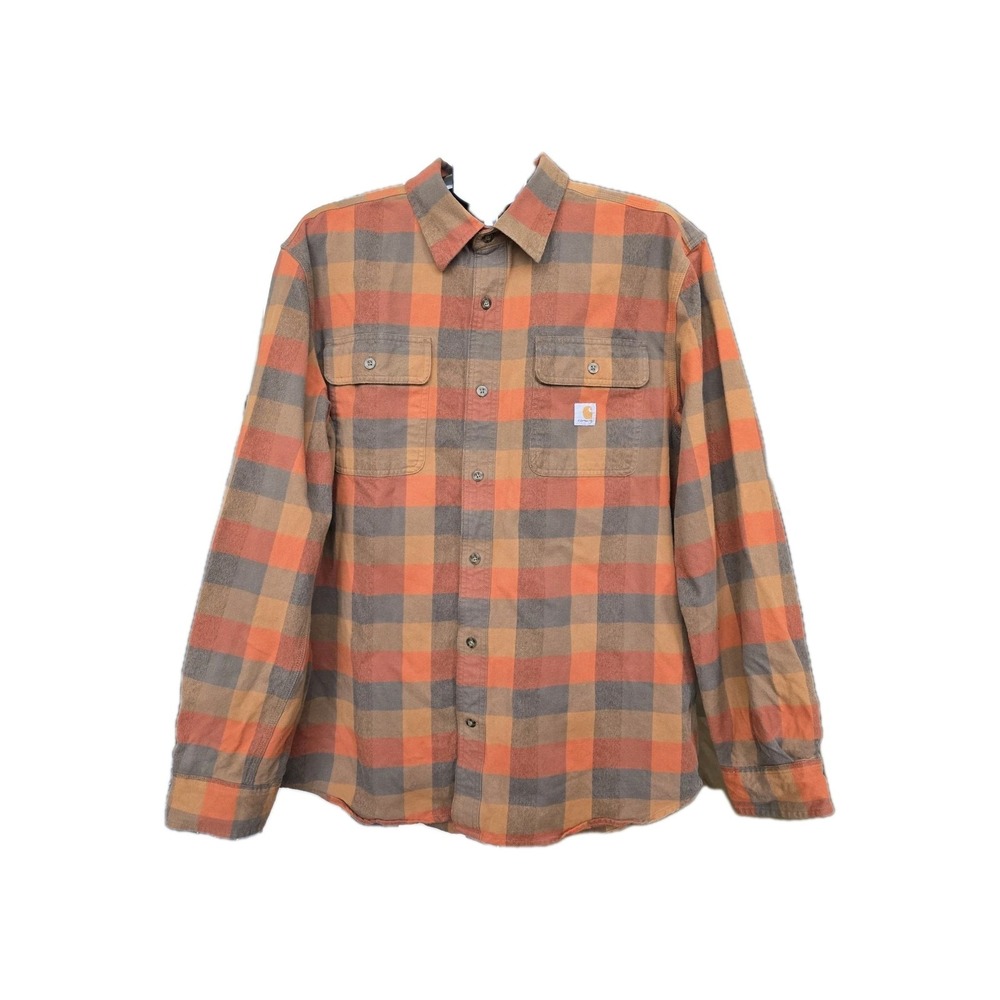 Carhartt Mens Plaid Flannel Shirt L Orange Gray Heavyweight Workwear Rugged Warm